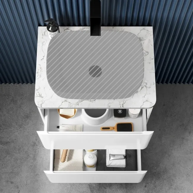 100% Waterproof - Corsica Gloss White PVC Drawer Vanity with Marble Top 600mm (Excludes Counter Top Basin)