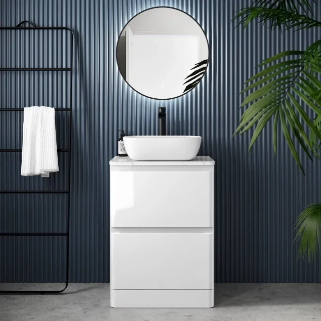 100% Waterproof - Corsica Gloss White PVC Vanity Drawer with Marble Top & Curved Counter Top Basin 600mm