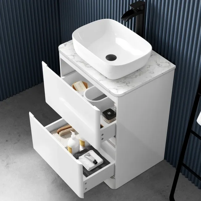 100% Waterproof - Corsica Gloss White PVC Vanity Drawer with Marble Top & Curved Counter Top Basin 600mm