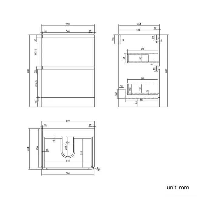100% Waterproof - Corsica Gloss White PVC Vanity Drawer with Marble Top & Curved Counter Top Basin 600mm