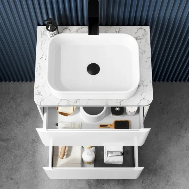 100% Waterproof - Corsica Gloss White PVC Vanity Drawer with Marble Top & Marin Basin 600mm
