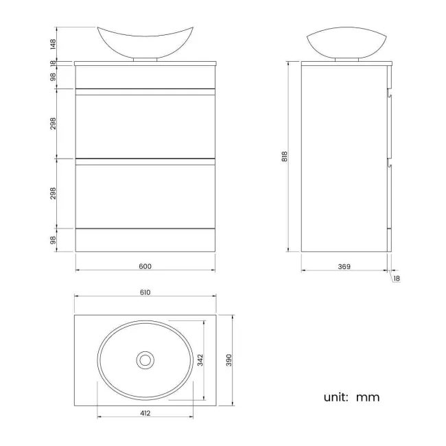 Trent Stone Grey Vanity Drawer with Oval Counter Top Basin 600mm