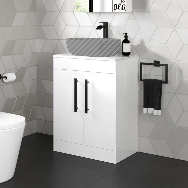 Avon Gloss White Counter Top Vanity with Marble Top 600mm - Black Accents