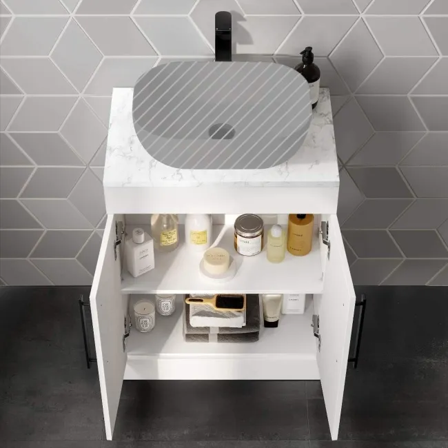 Avon Gloss White Counter Top Vanity with Marble Top 600mm - Black Accents