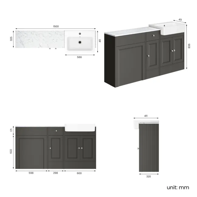 Monaco Graphite Grey Combination Vanity Basin with Marble Top 1500mm (Excludes Pan & Cistern)