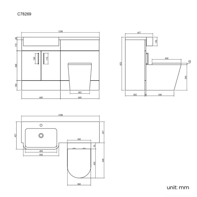 Harper Gloss White Combination Vanity Basin and Boston Toilet 1200mm - Black Accents - Left Handed