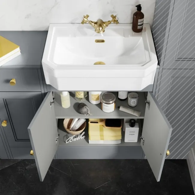 Monaco Dove Grey Combination Vanity Traditional Basin and Seattle Toilet 1500mm - Brushed Brass Accents