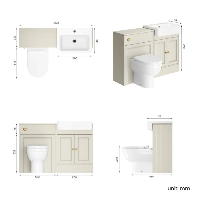 Monaco Chalk White Combination Vanity Basin and Seattle Toilet 1200mm - Brushed Brass Accents