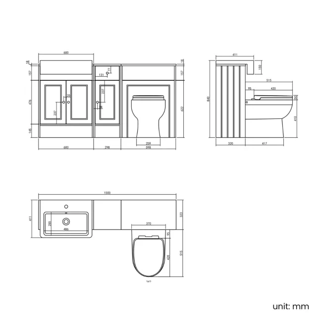 Monaco Chalk White Combination Vanity Basin and Seattle Toilet 1500mm - Brushed Brass Accents