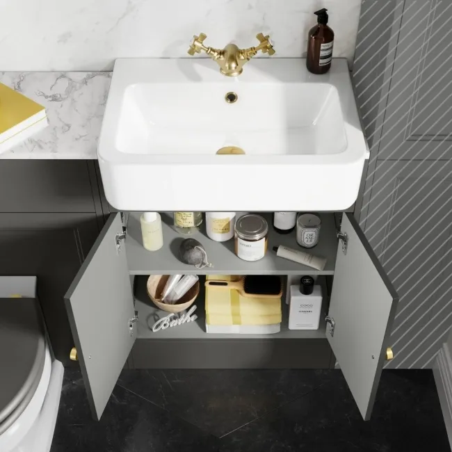 Monaco Graphite Grey Combination Vanity Basin with Marble Top & Hudson Toilet with Wooden Seat 1200mm - Brushed Brass Accents
