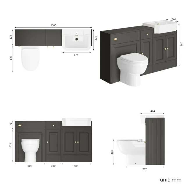 Monaco Graphite Grey Combination Vanity Traditional Basin and Seattle Toilet 1500mm - Brushed Brass Accents