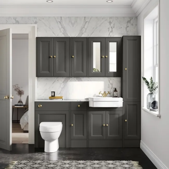 Monaco Graphite Grey Combination Vanity Traditional Basin with Marble Top and Seattle Toilet 1500mm - Brushed Brass Accents