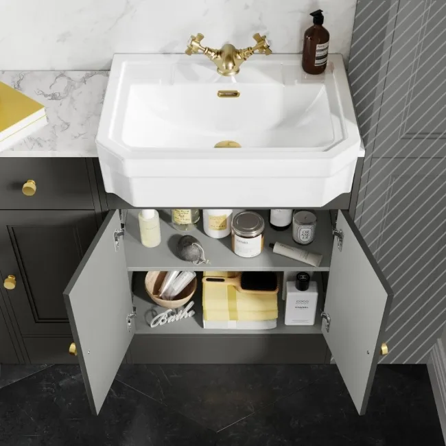 Monaco Graphite Grey Combination Vanity Traditional Basin with Marble Top and Seattle Toilet 1500mm - Brushed Brass Accents