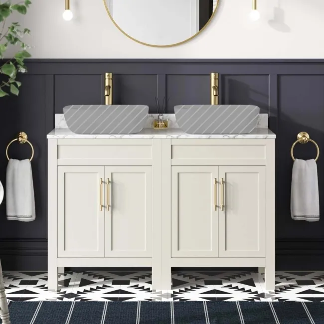 Bermuda Chalk White Cabinet with Marble Top 1200mm Excludes Counter Top Basin - Brass Knurled Handles