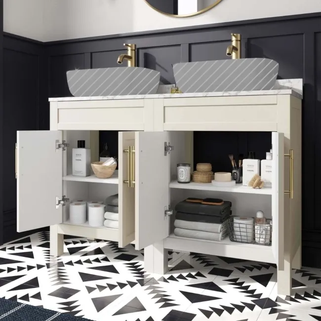 Bermuda Chalk White Cabinet with Marble Top 1200mm Excludes Counter Top Basin - Brass Knurled Handles