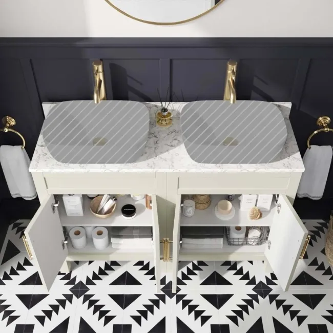 Bermuda Chalk White Cabinet with Marble Top 1200mm Excludes Counter Top Basin - Brass Knurled Handles