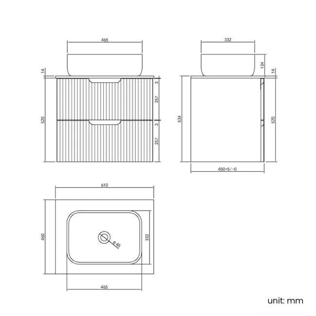 Crete Fluted Linen White Wall Hung Drawer Vanity with Marble Top & Curved Basin 600mm