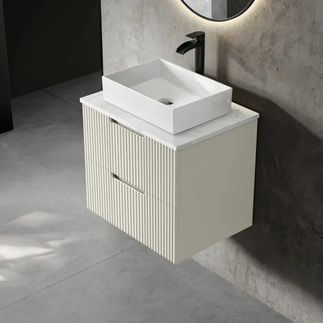 Crete Fluted Linen White Wall Hung Drawer Vanity with Marble Top & Cody Basin 600mm