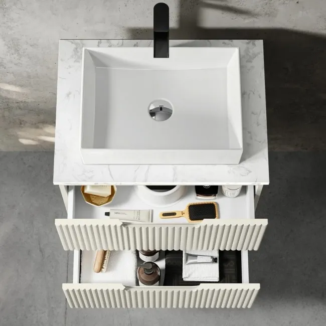 Crete Fluted Linen White Wall Hung Drawer Vanity with Marble Top & Cody Basin 600mm