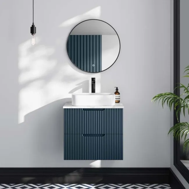 Crete Fluted Navy Blue Wall Hung Drawer Vanity with Marble Top & Marin Basin 600mm