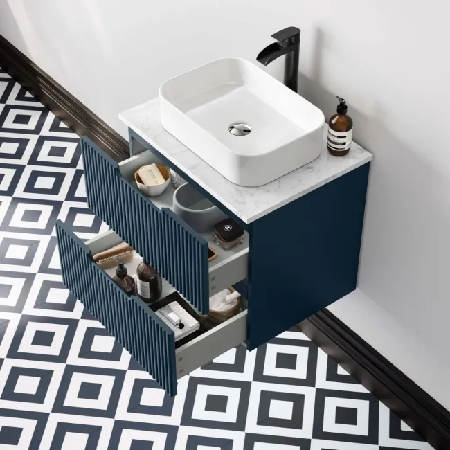 Crete Fluted Navy Blue Wall Hung Drawer Vanity with Marble Top & Marin Basin 600mm