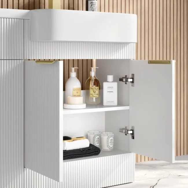 Sicily Fluted Coastal White Combination Vanity Basin and Tucson Toilet 1200mm - Brushed Brass Accents - Right Handed