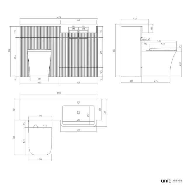 Sicily Fluted Coastal White Combination Vanity Basin and Houston Toilet 1200mm - Brushed Brass Accents - Right Handed