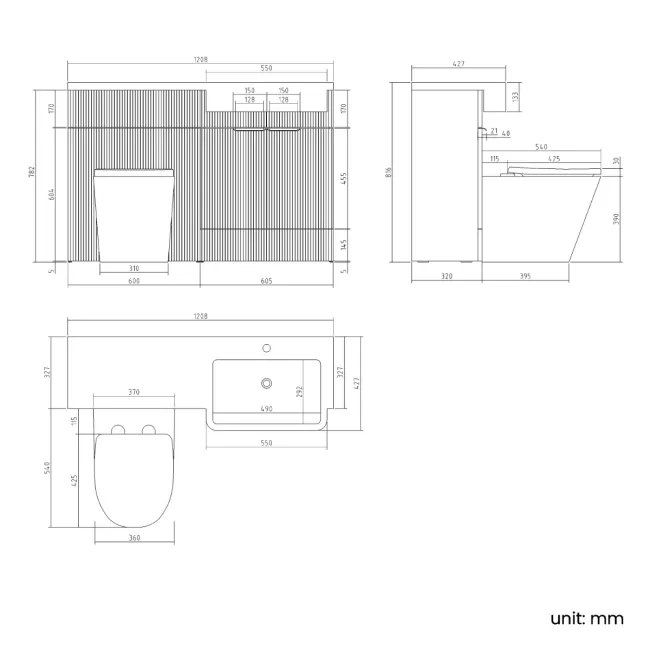 Sicily Fluted Coastal White Combination Vanity Basin and Boston Toilet 1200mm - Brushed Brass Accents - Right Handed