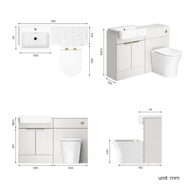 Sicily Fluted Coastal White Combination Vanity Basin with Marble Top & Tucson Toilet 1200mm - Brushed Brass Accents