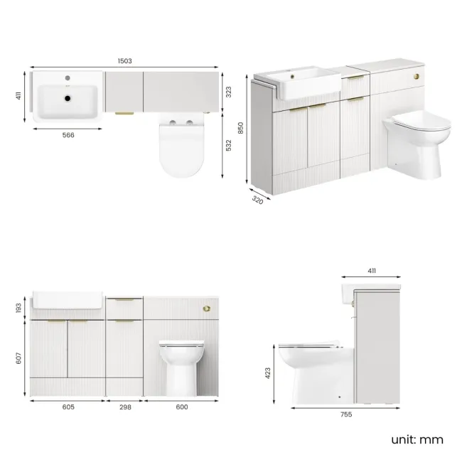 Sicily Fluted Coastal White Combination Vanity Basin and Aruba Toilet 1500mm - Brushed Brass Accents