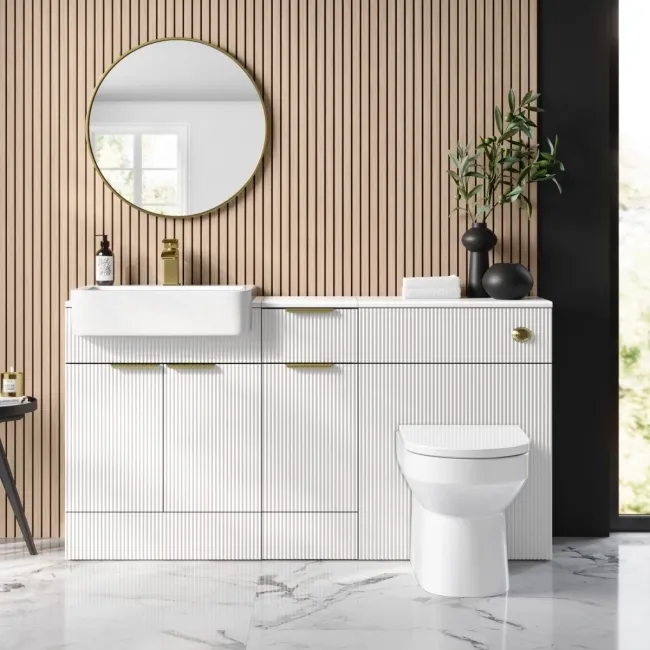 Sicily Fluted Coastal White Combination Vanity Basin and Miami Toilet 1500mm - Brushed Brass Accents