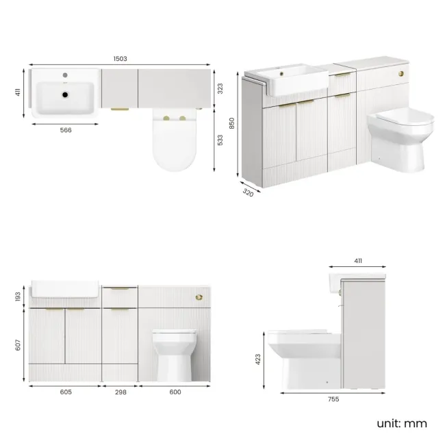 Sicily Fluted Coastal White Combination Vanity Basin and Miami Toilet 1500mm - Brushed Brass Accents