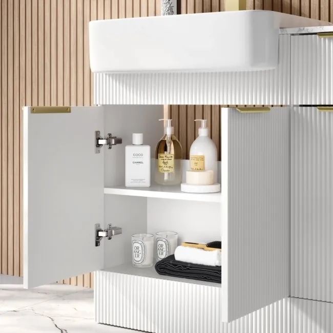 Sicily Fluted Coastal White Combination Vanity Basin with Marble Top & Tucson Toilet 1500mm - Brushed Brass Accents