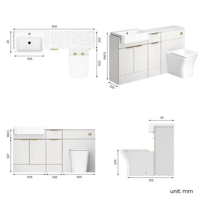 Sicily Fluted Coastal White Combination Vanity Basin with Marble Top & Houston Toilet 1500mm - Brushed Brass Accents