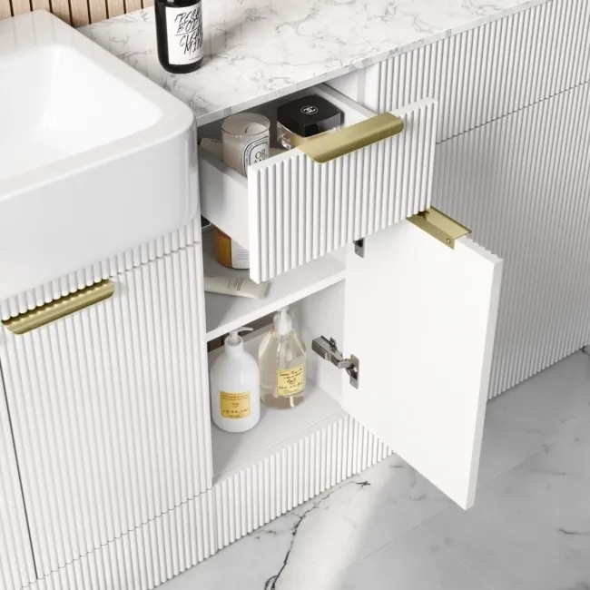 Sicily Fluted Coastal White Combination Vanity Basin with Marble Top & Boston Toilet 1500mm - Brushed Brass Accents