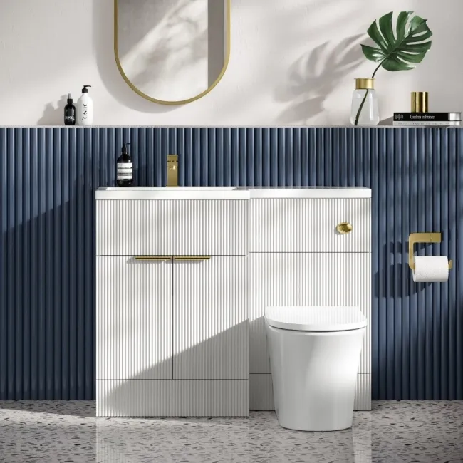 Havana Fluted Coastal White Combination Vanity Basin and Tucson Toilet 1100mm - Brushed Brass Accents - Left Handed