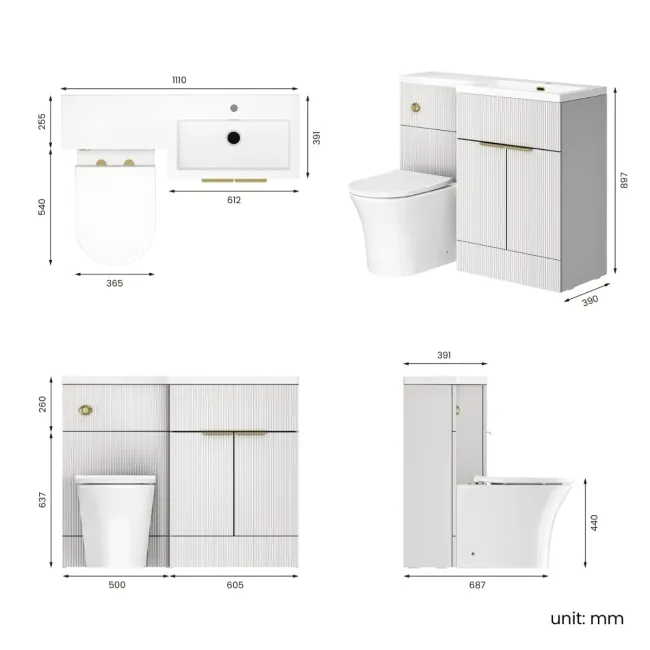 Havana Fluted Coastal White Combination Vanity Basin and Tucson Toilet 1100mm - Brushed Brass Accents - Right Handed