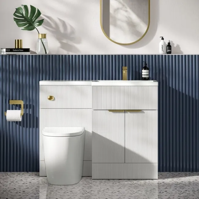 Havana Fluted Coastal White Combination Vanity Basin and Utah Comfort Height Toilet 1100mm - Brushed Brass Accents - Right Handed
