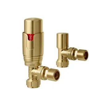 Brushed Brass Thermostatic Angled Radiator Valve (Pair) Standard 15mm