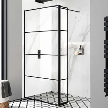 Munich Matt Black Grid 8mm Wet Room Shower Glass 900mm & 250mm Pivotal Return Panel
