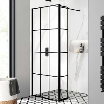 Munich Matt Black Grid 8mm Wet Room Shower Glass 700mm & 250mm Pivotal Return Panel
