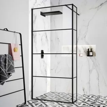 Munich Matt Black Grid 8mm Wet Room Shower Glass 1100mm & 250mm Return Panel