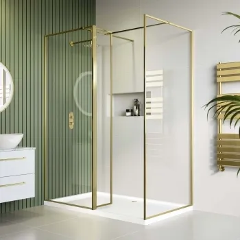 Munich Brushed Brass Framed 8mm Walk In Shower Enclosure 800mm & 900mm Glass with Return Panel