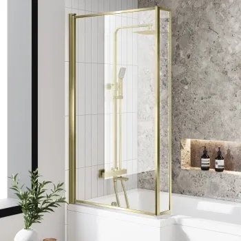 Zurich Easy Clean Brushed Brass L Shaped Bath Screen - 800mm