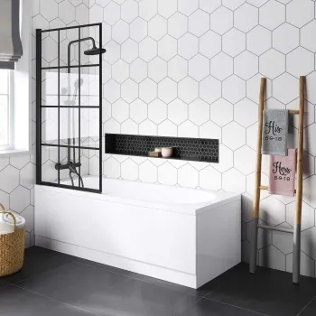 Stafford Round Shower Bath 1700x700 & 6mm Easy Clean Matt Black Grid Bath Screen