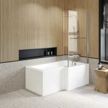 L Shaped 1500 Shower Bath with Front Panel & 6mm Easy Clean Screen with Rail - Right Handed