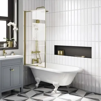 Abingdon 1500 Roll Top Shower Bath - White Ball Feet & 6mm Easy Clean Brushed Brass Framed Screen