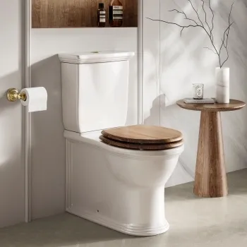 Alma Traditional Rimless Close Coupled Toilet With Oak Effect Wooden Soft Close Seat - Brushed Brass Hinges