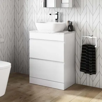 Trent Gloss White Vanity Drawer with Marble Top & Curved Counter Top Basin 600mm