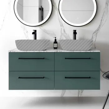 Elba Midnight Green Wall Hung Drawer with Marble Top 1200mm Excludes Basins - Black Accents